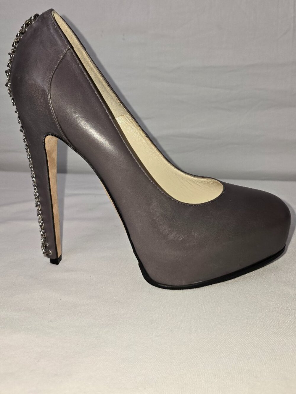 Brian Atwood Gray Leather Silver Corset Chain Heel Platform Pumps Size 40